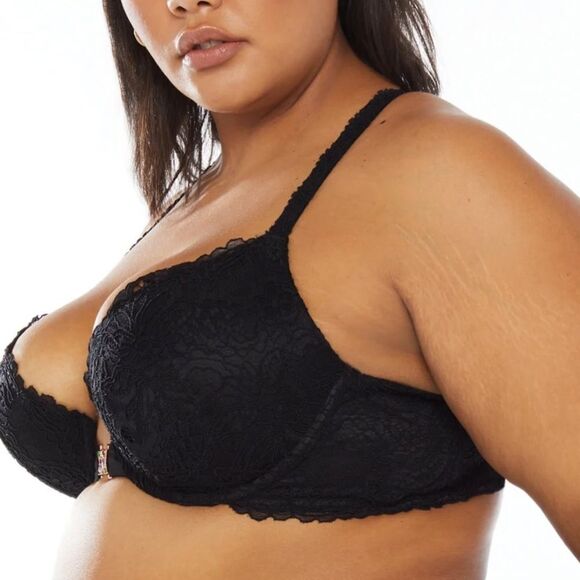 Savage X Fenty Romantic Corded Lace Front-Closure Push-Up Bra Black Caviar 42DD - Picture 3 of 9